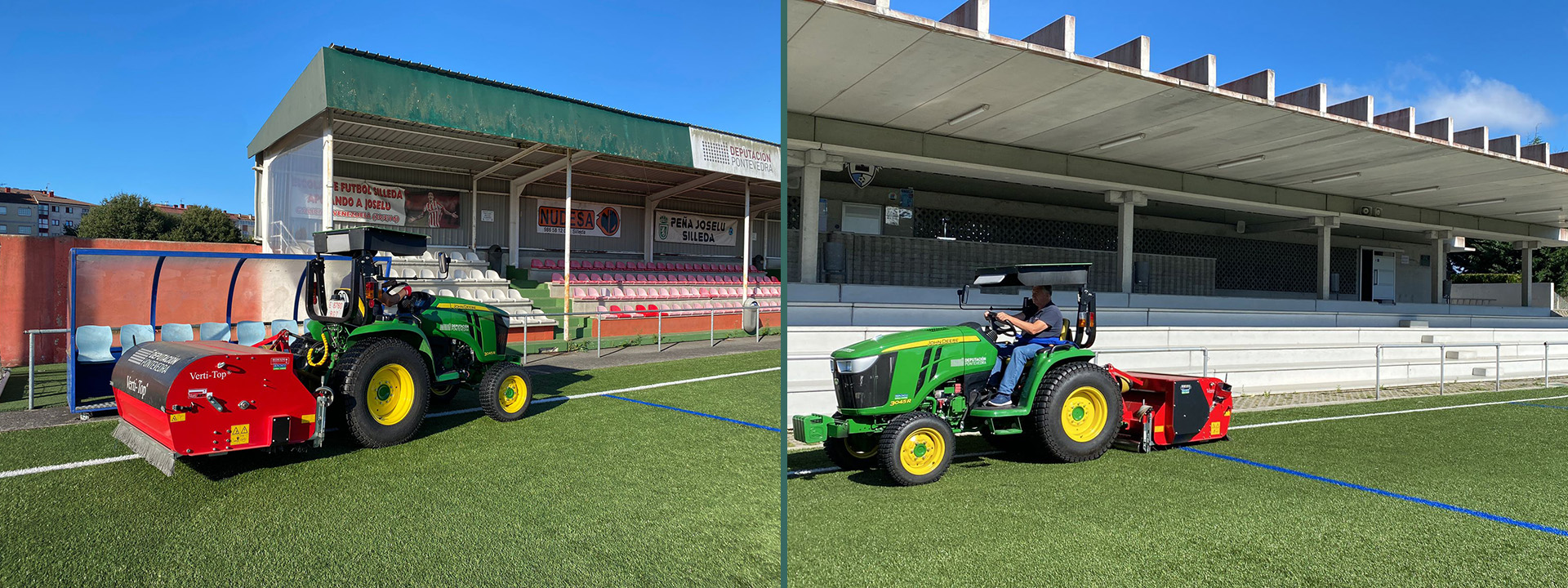 Traballos de mantemento nos campos de fútbol de Outeiriño-Joselu Mato (esquerda) e A Gandareira (dereita)