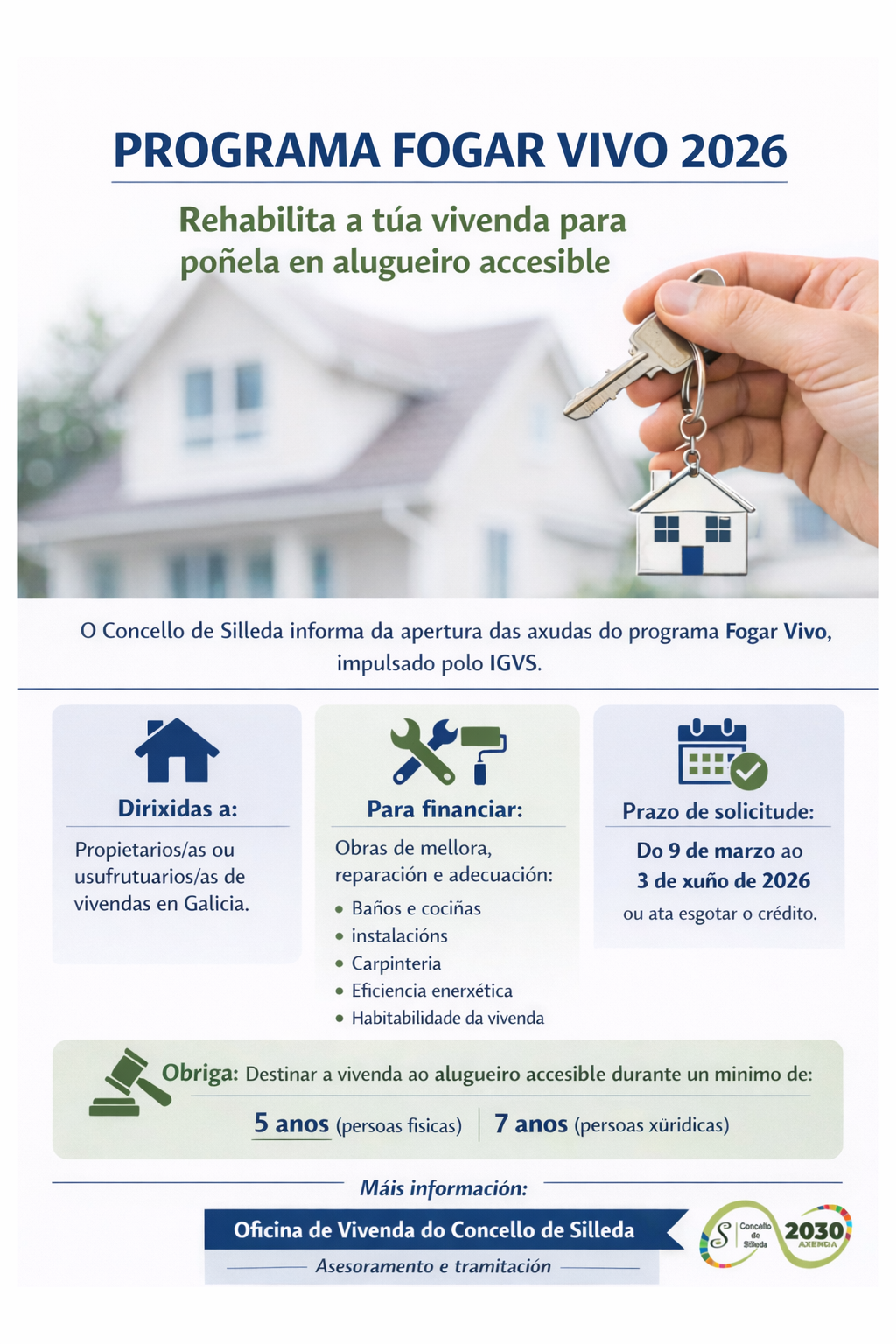 A Oficina de Vivenda do Concello de Silleda informa da apertura das axudas do programa Fogar Vivo para rehabilitar vivendas destinadas ao alugueiro